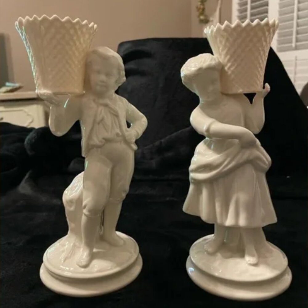Belleek porcelain boy / girl basket carrier…..set of 2